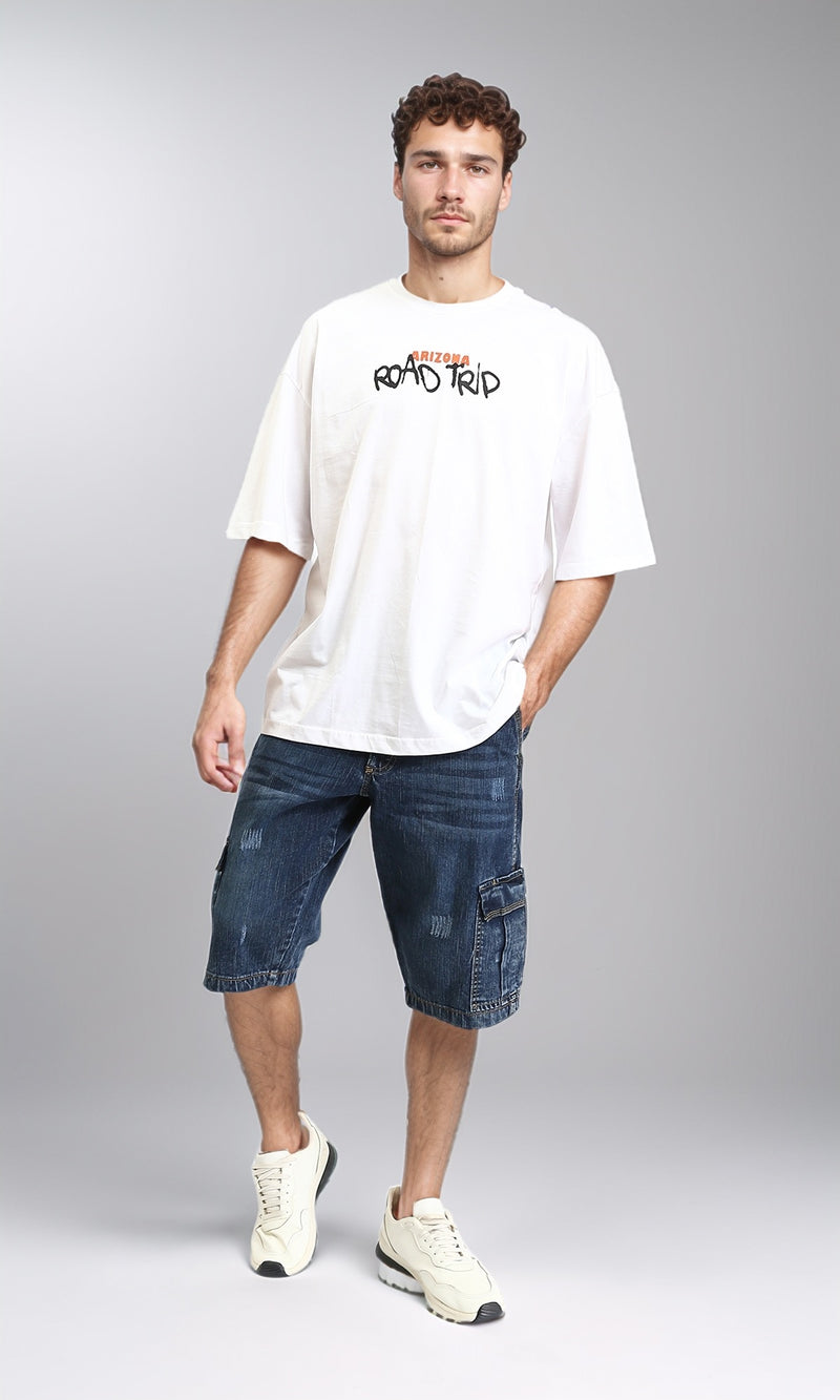 R206748 - "Road Trip" Printed Elbow Sleeves Tee - White