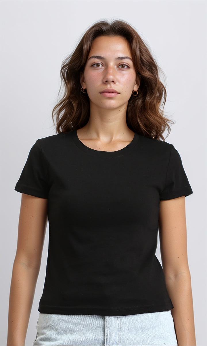Crew Neck Solid Cotton Basic Tee - Black