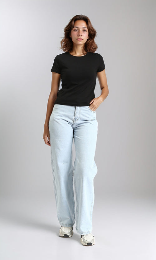R206764 - Crew Neck Solid Cotton Basic Tee - Black