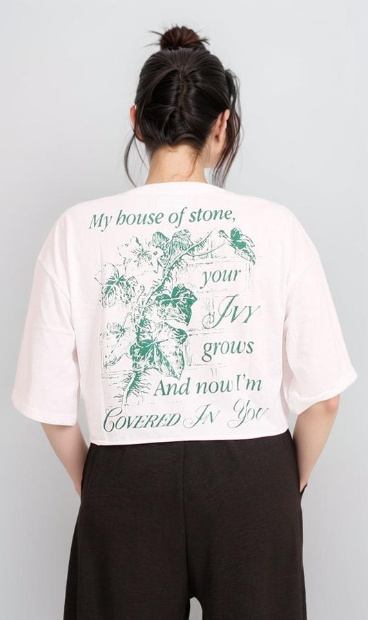 R206767 - Graphic Printed Cropped T-Shirt - White & Green