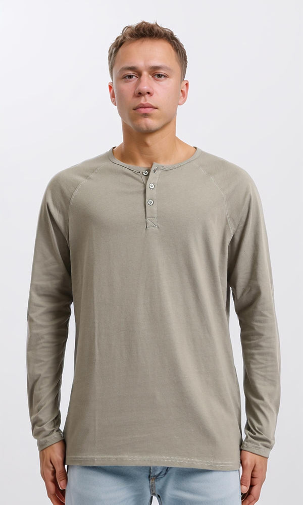 R206825 - Long Sleeves Solid Cotton Henley Shirt - Dark Khaki