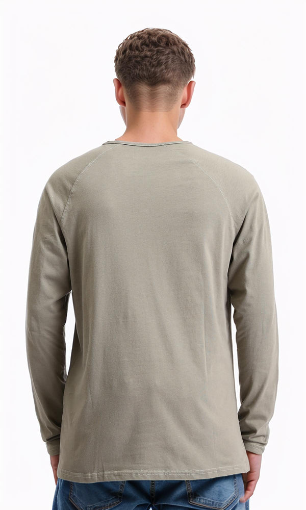 R206825 - Long Sleeves Solid Cotton Henley Shirt - Dark Khaki