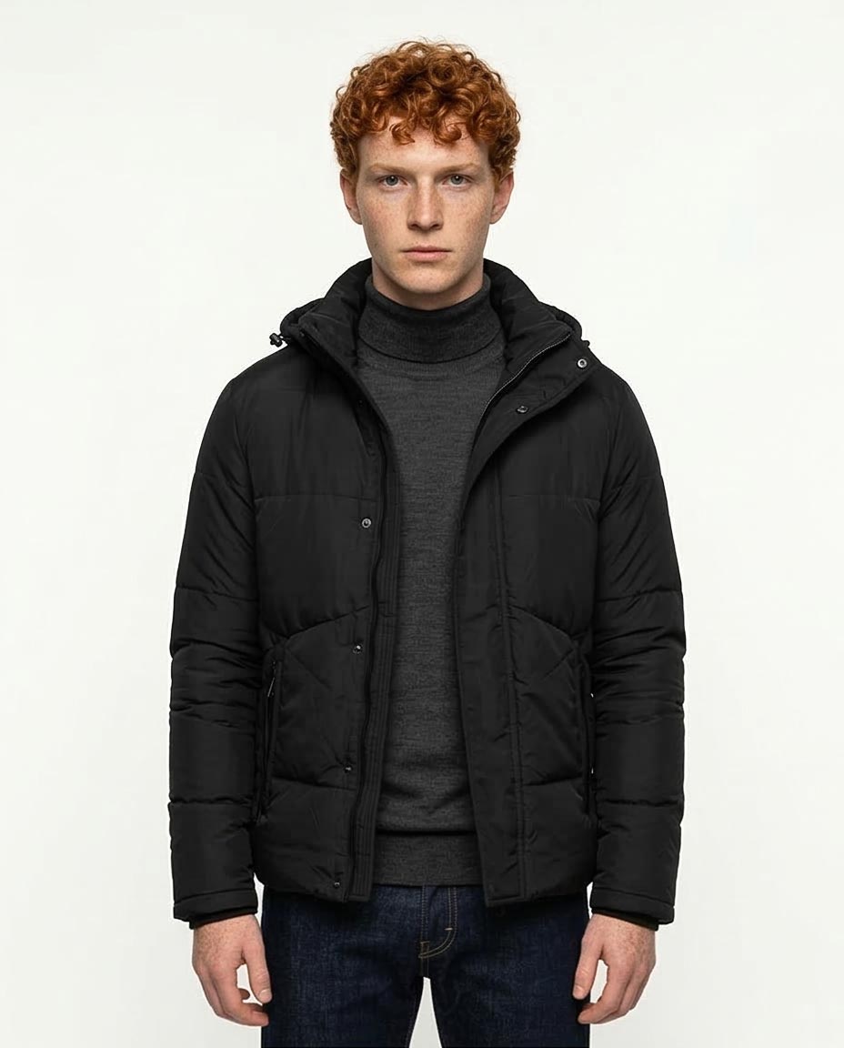 Men's Black Hooded Quilted Puffer Jacket - R206831