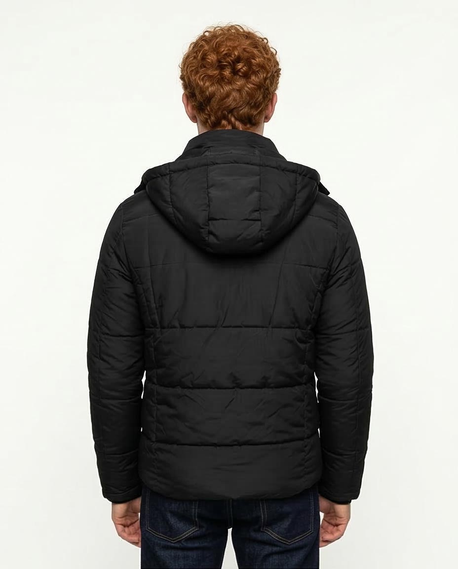 Men's Black Hooded Quilted Puffer Jacket - R206831