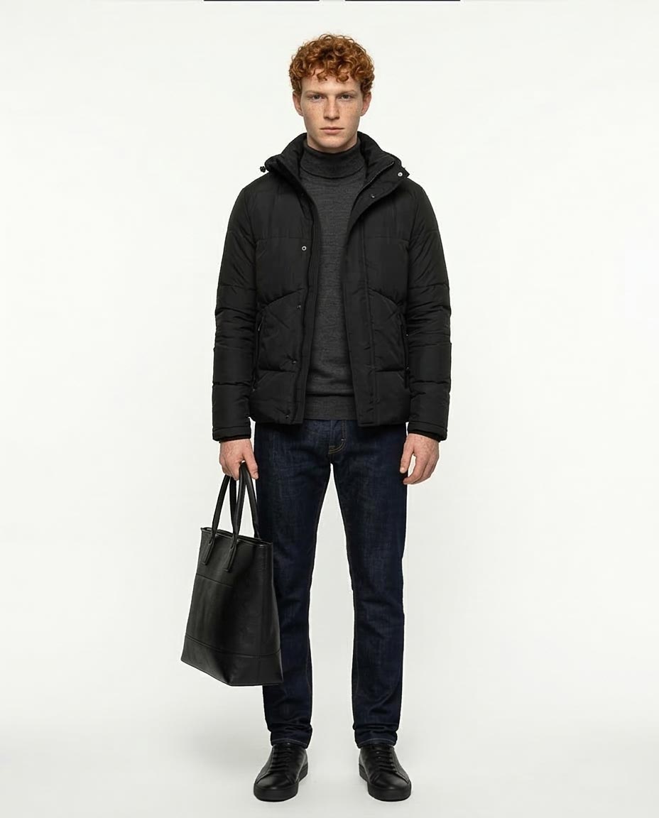 Men's Black Hooded Quilted Puffer Jacket - R206831