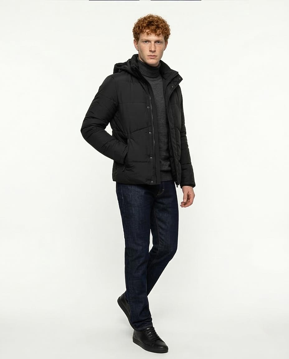 Men's Black Hooded Quilted Puffer Jacket - R206831