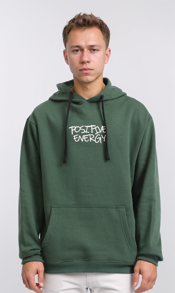 R206834 - Printed "Positive Energy" Slip On Hoodie - Dark Green