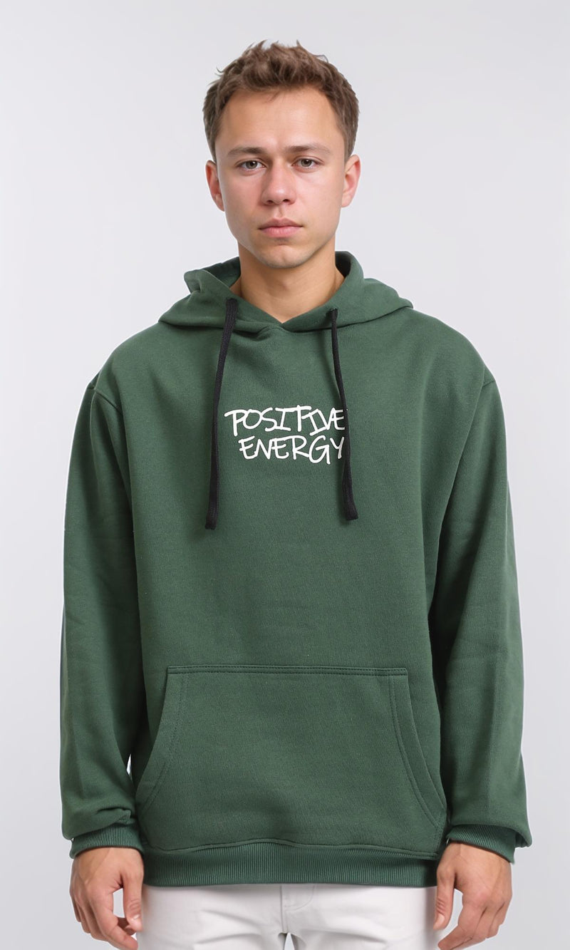 R206834 - Printed "Positive Energy" Slip On Hoodie - Dark Green