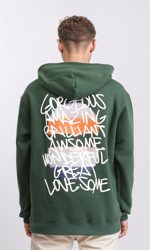 R206834 - Printed "Positive Energy" Slip On Hoodie - Dark Green