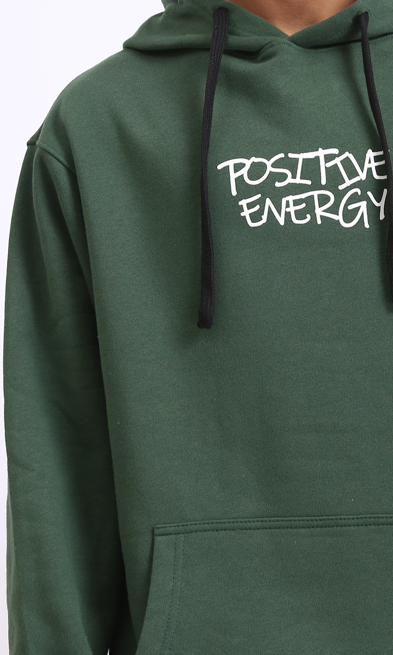 R206834 - Printed "Positive Energy" Slip On Hoodie - Dark Green