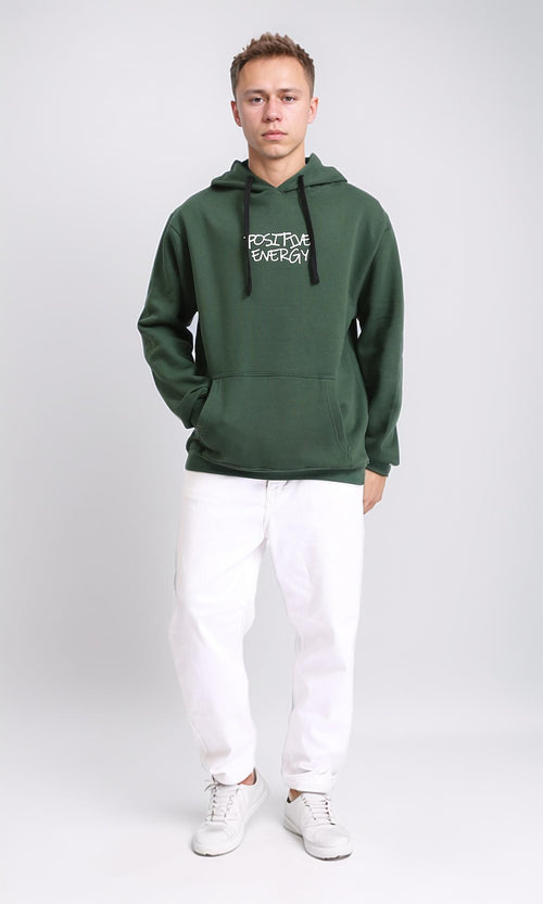 R206834 - Printed "Positive Energy" Slip On Hoodie - Dark Green