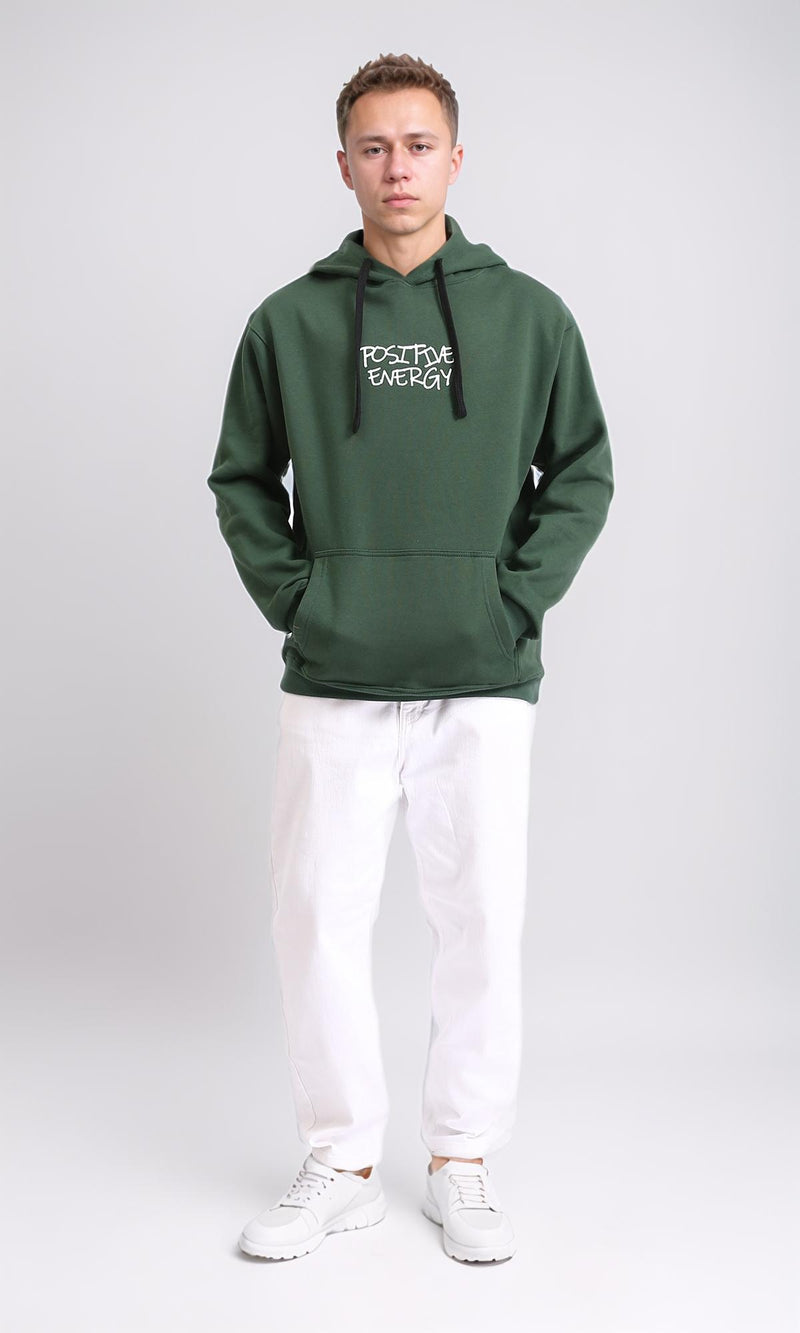 R206834 - Printed "Positive Energy" Slip On Hoodie - Dark Green