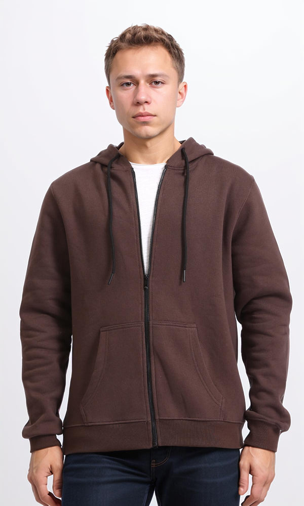 R206843 - Hooded Neck Solid Zipped Sweatshirt - Brown