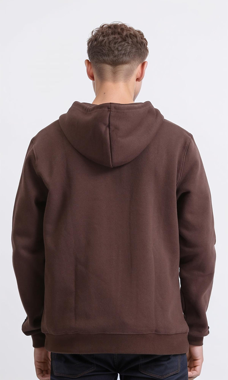 R206843 - Hooded Neck Solid Zipped Sweatshirt - Brown