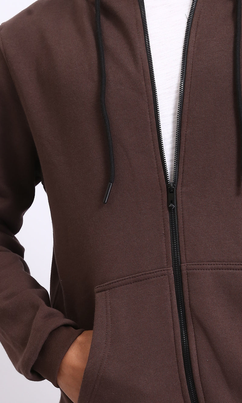 R206843 - Hooded Neck Solid Zipped Sweatshirt - Brown
