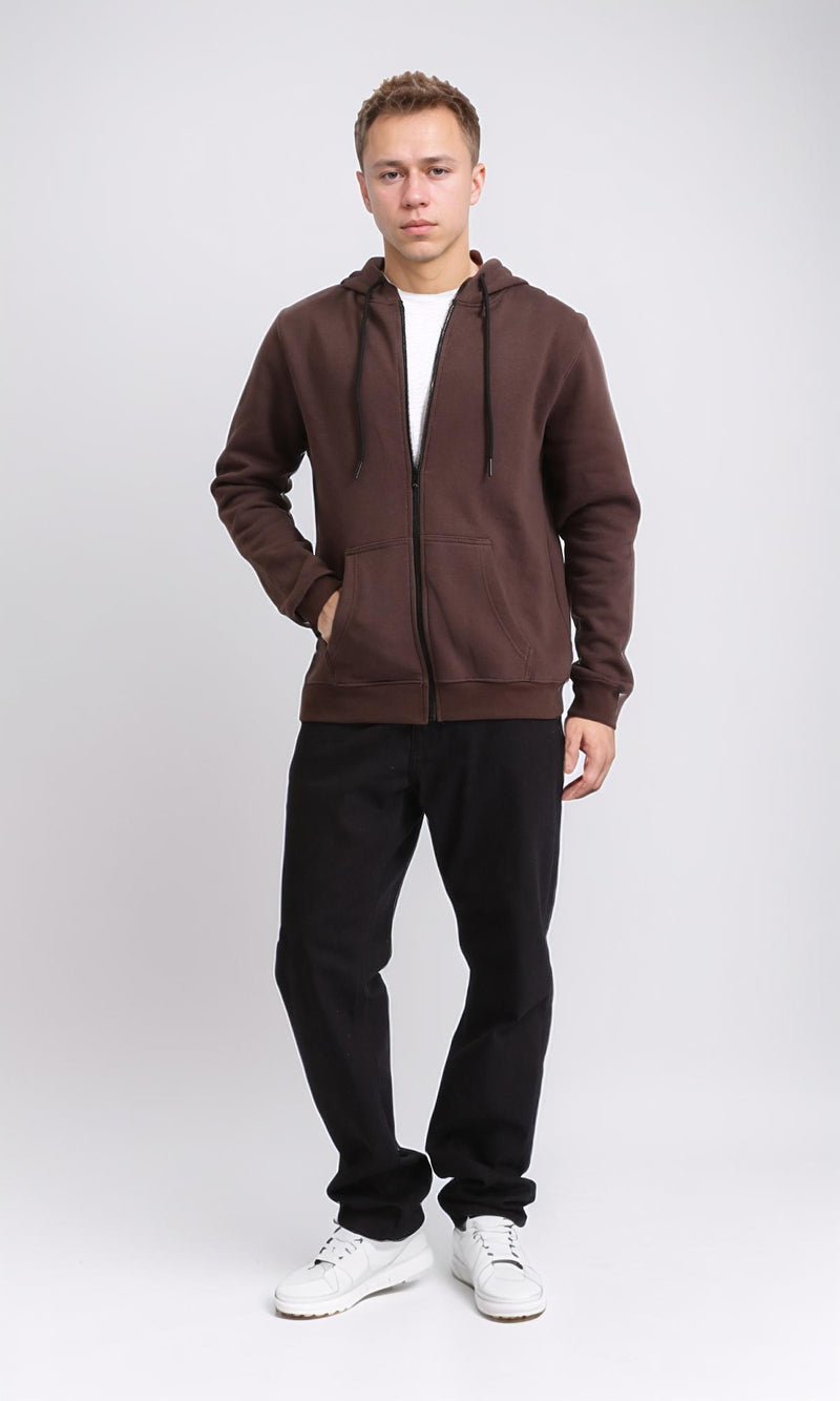 R206843 - Hooded Neck Solid Zipped Sweatshirt - Brown
