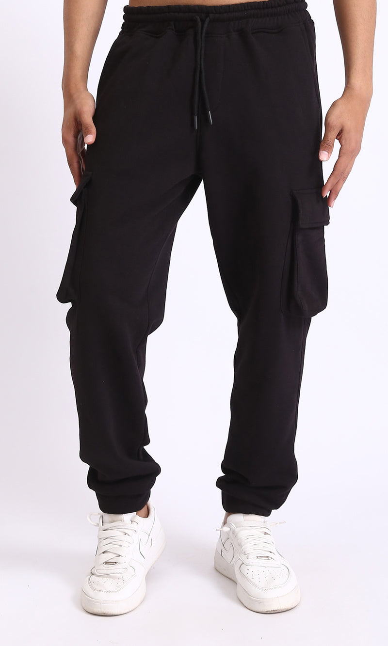 R206846 - Slip On Solid Cotton Cargo Pants - Black