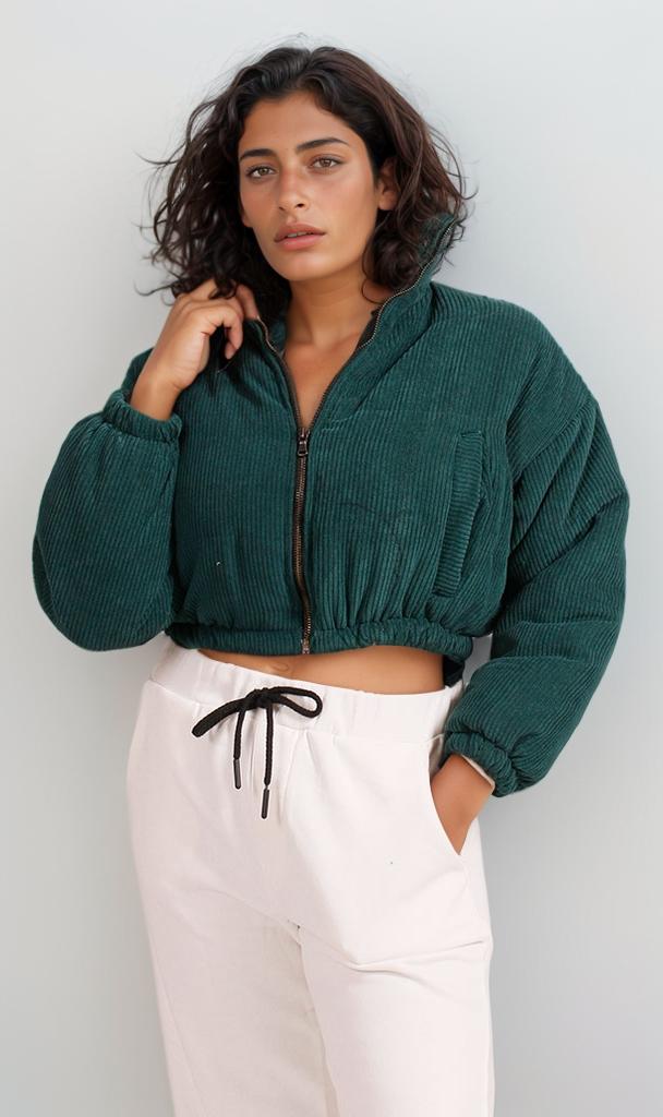 Corduroy Zip-Up Cropped Jacket - Green