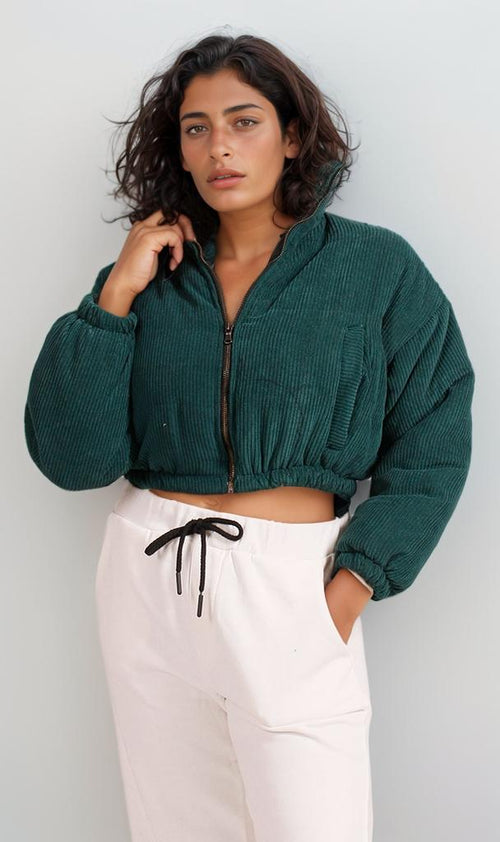 R206847 - Corduroy Zip-Up Cropped Jacket - Green