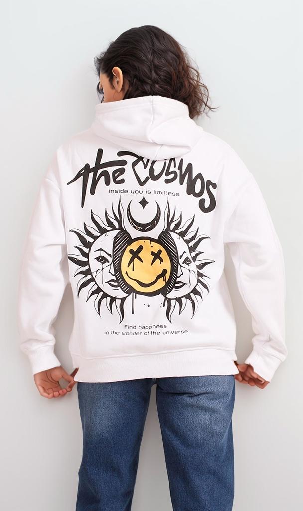 R206850 - Melton Hoodie with Cosmic Print - White