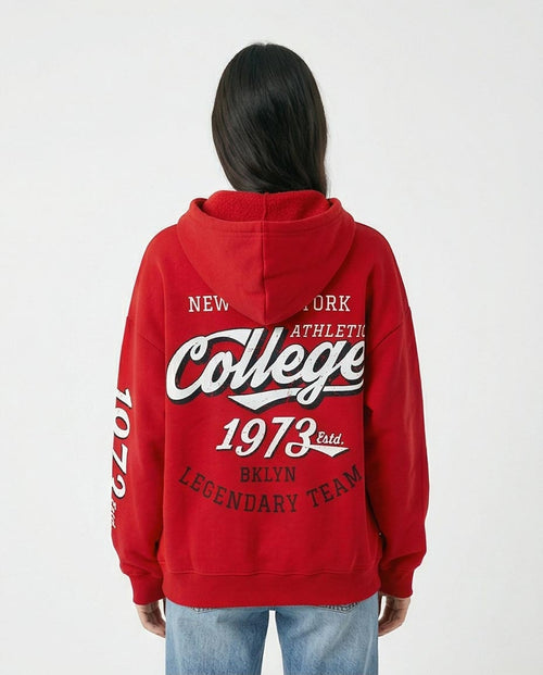 Ravin Women's Oversized Red Collegiate Graphic Hoodie with 1973 Sleeve Print - R206851