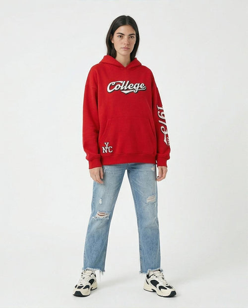 Ravin Women's Oversized Red Collegiate Graphic Hoodie with 1973 Sleeve Print - R206851