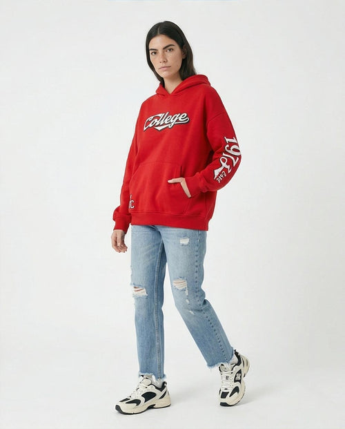 Ravin Women's Oversized Red Collegiate Graphic Hoodie with 1973 Sleeve Print - R206851