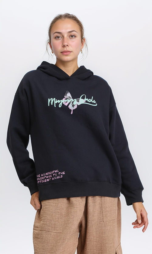 R206852 - Hooded Neck Printed Slip On Hoodie - Black