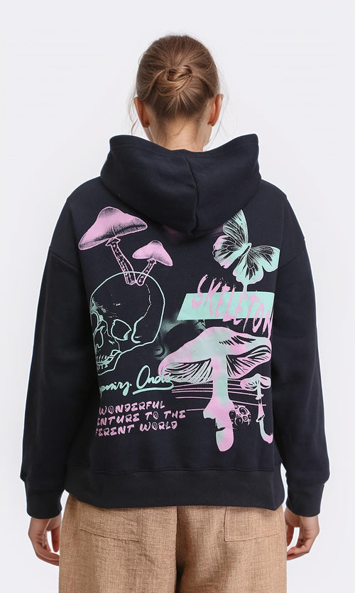 R206852 - Hooded Neck Printed Slip On Hoodie - Black