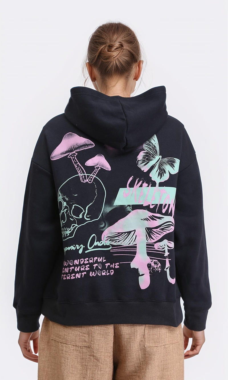 R206852 - Hooded Neck Printed Slip On Hoodie - Black