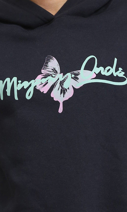 R206852 - Hooded Neck Printed Slip On Hoodie - Black