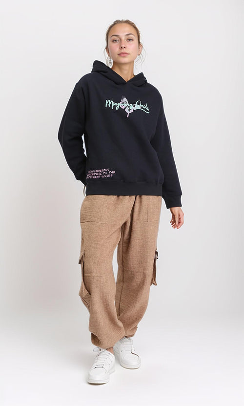 R206852 - Hooded Neck Printed Slip On Hoodie - Black