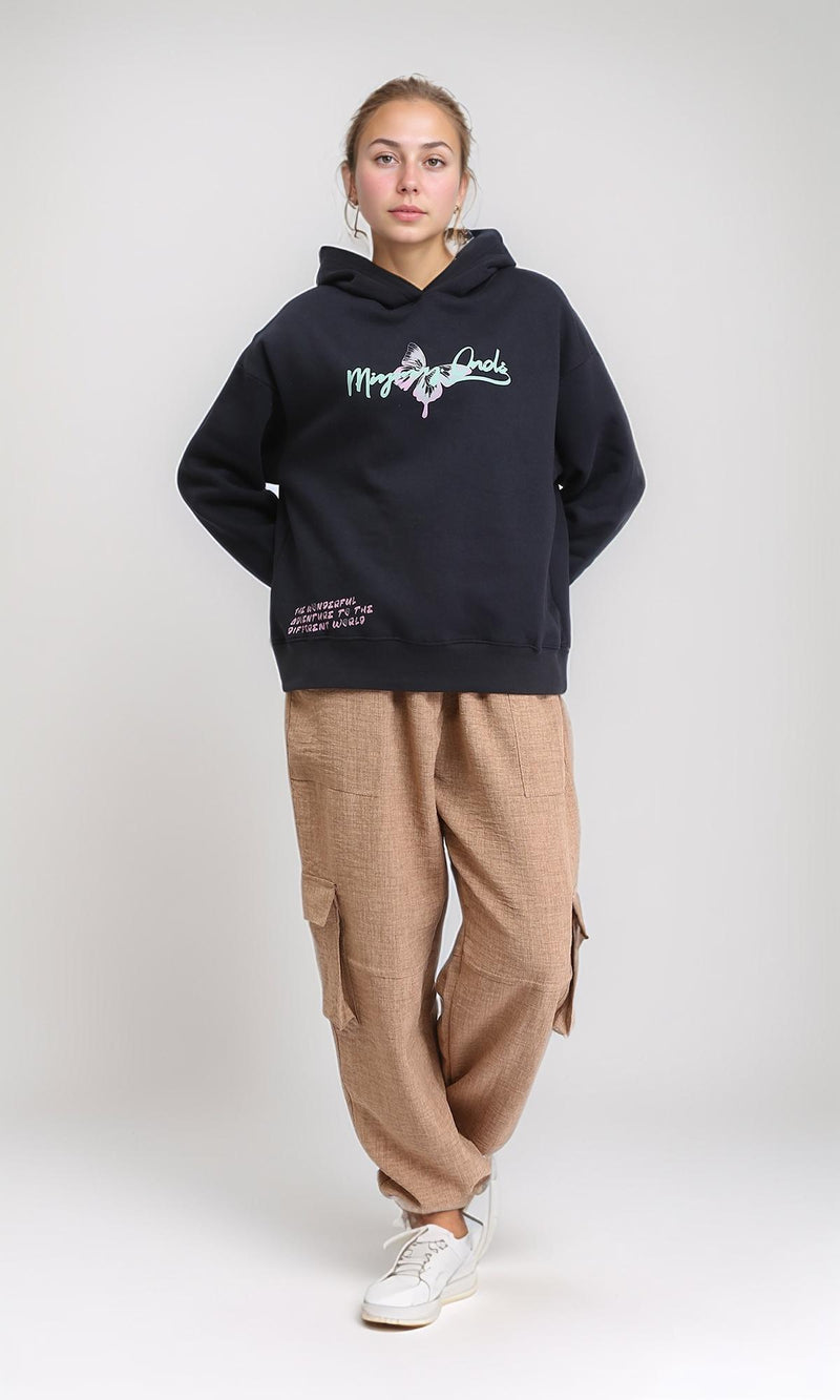 R206852 - Hooded Neck Printed Slip On Hoodie - Black