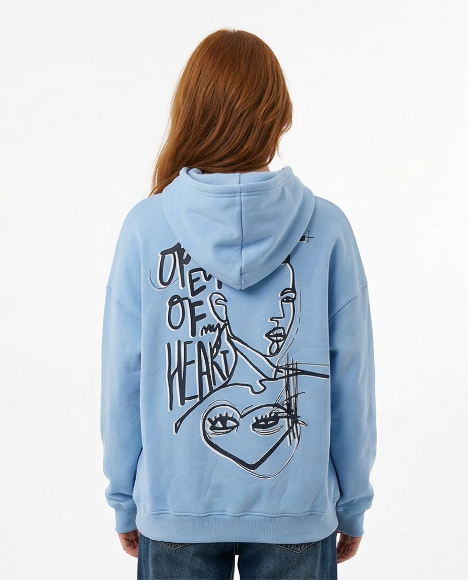Ravin Artistic Line-Art Graphic Hoodie in Sky Blue - R206854