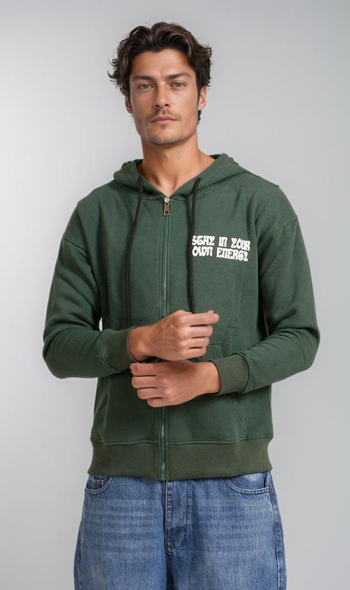 R206865 - Melton Brushed Hoodie - Green with Graphic Print