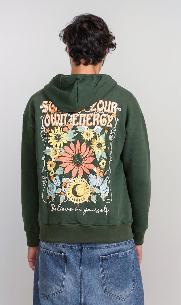 R206865 - Melton Brushed Hoodie - Green with Graphic Print