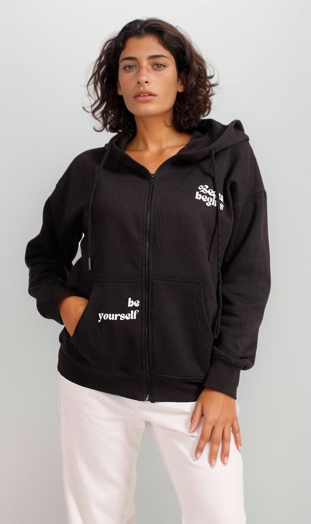 Melton Brushed Zip-Up Hoodie - Black