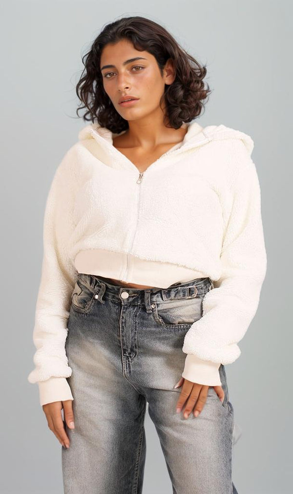R206872 - Fur Cropped Hoodie - White