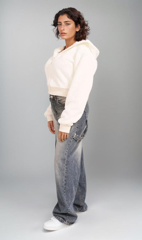 R206872 - Fur Cropped Hoodie - White