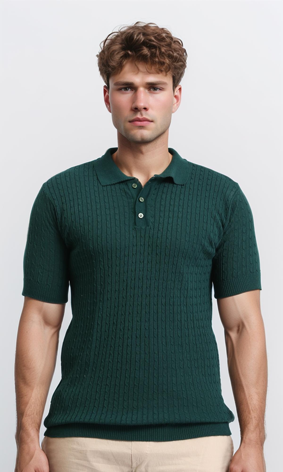 Short Sleeves Braided Polo Shirt - Forest Green