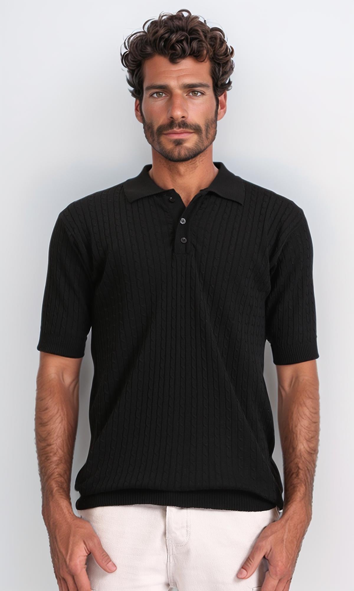 Braided Buttoned Neck Polo Shirt - Black