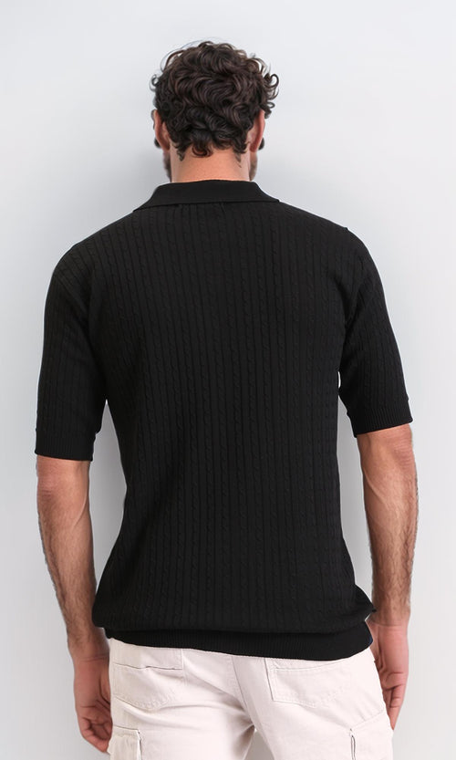 R206899-Braided Buttoned Neck Polo Shirt - Black