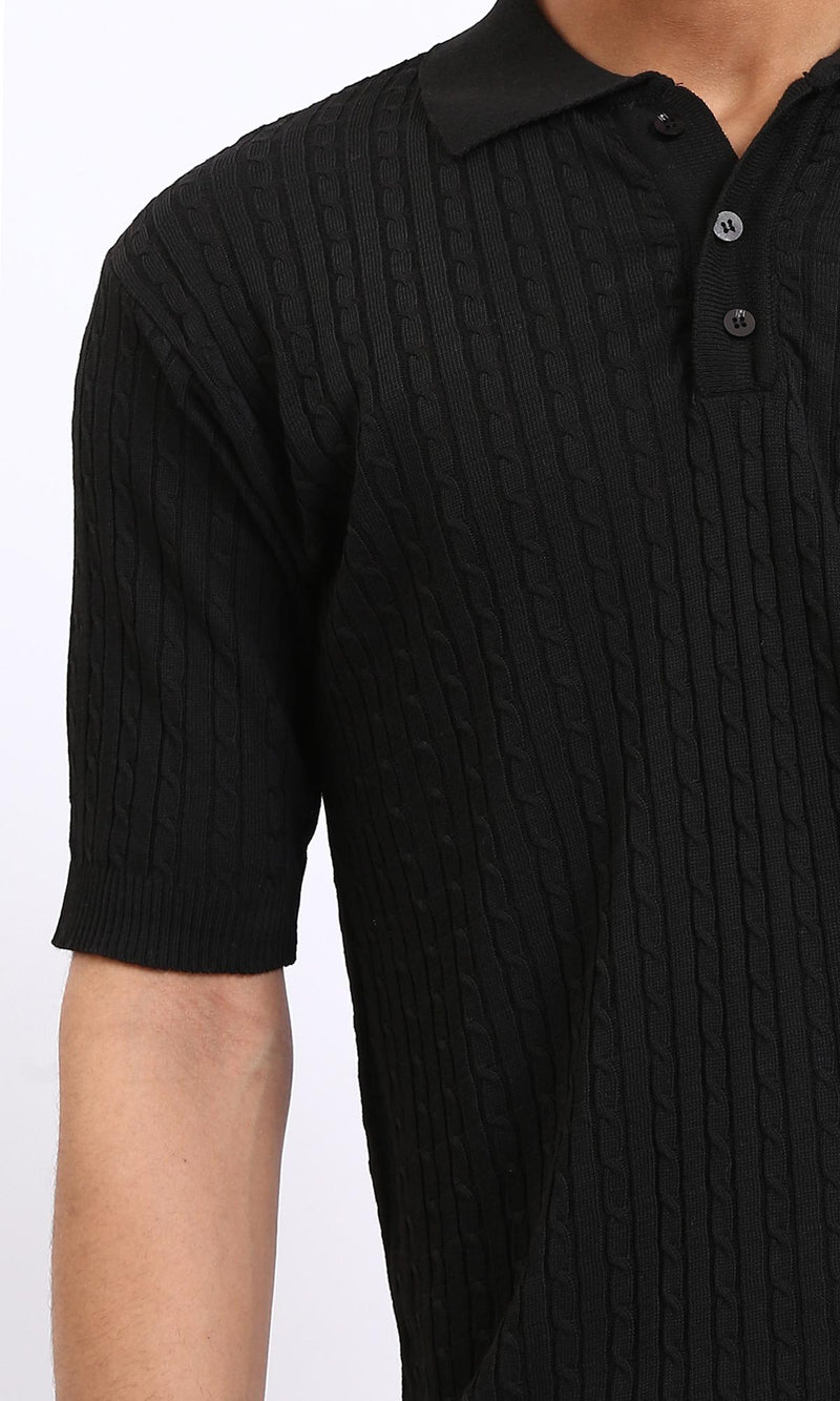 R206899-Braided Buttoned Neck Polo Shirt - Black