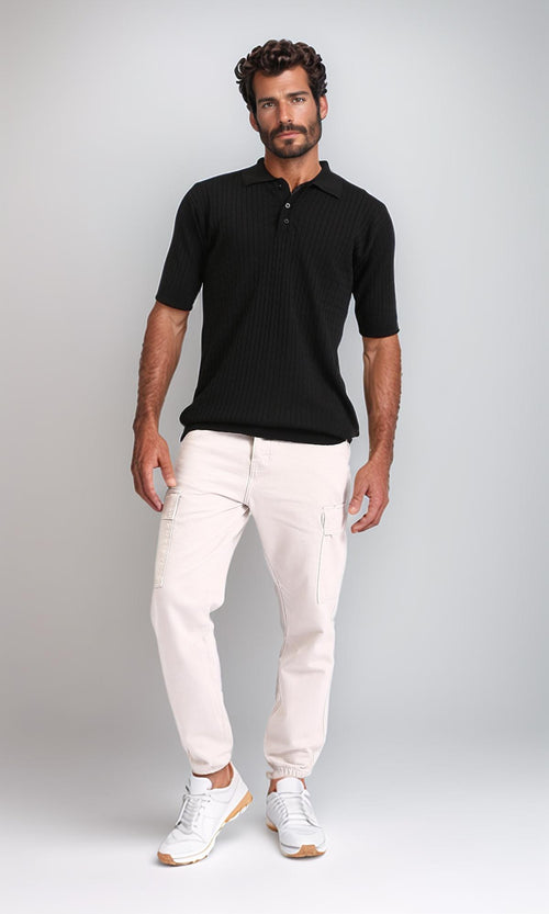 R206899-Braided Buttoned Neck Polo Shirt - Black