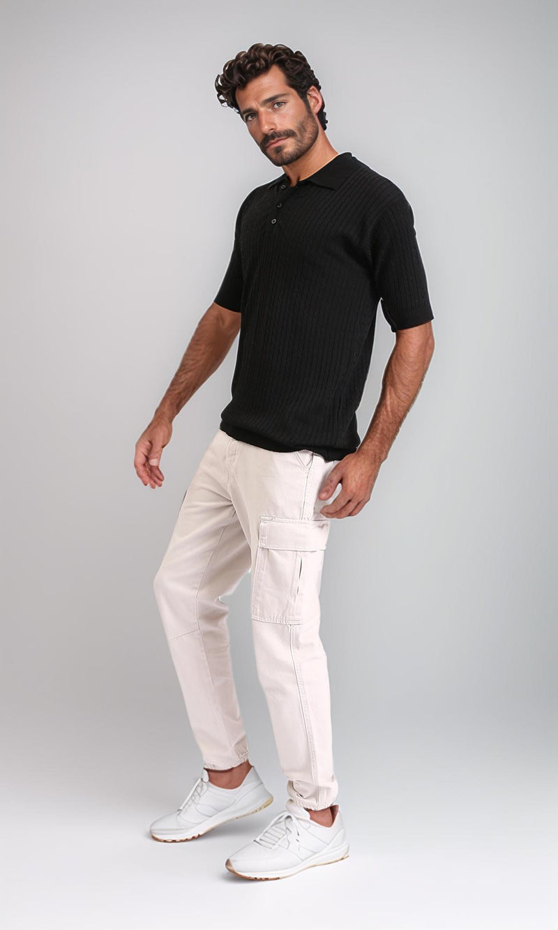 R206899-Braided Buttoned Neck Polo Shirt - Black