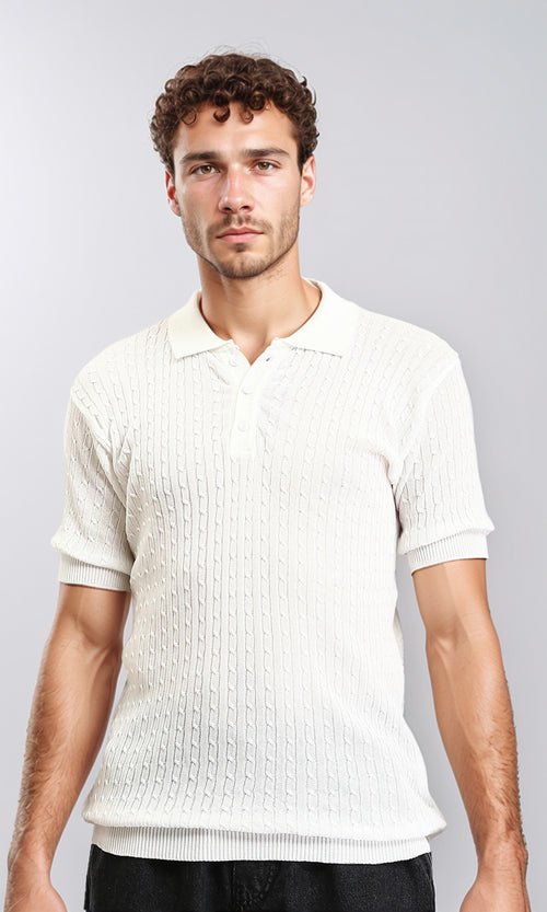 R206900 - Braided Buttoned Neck Polo Shirt - White
