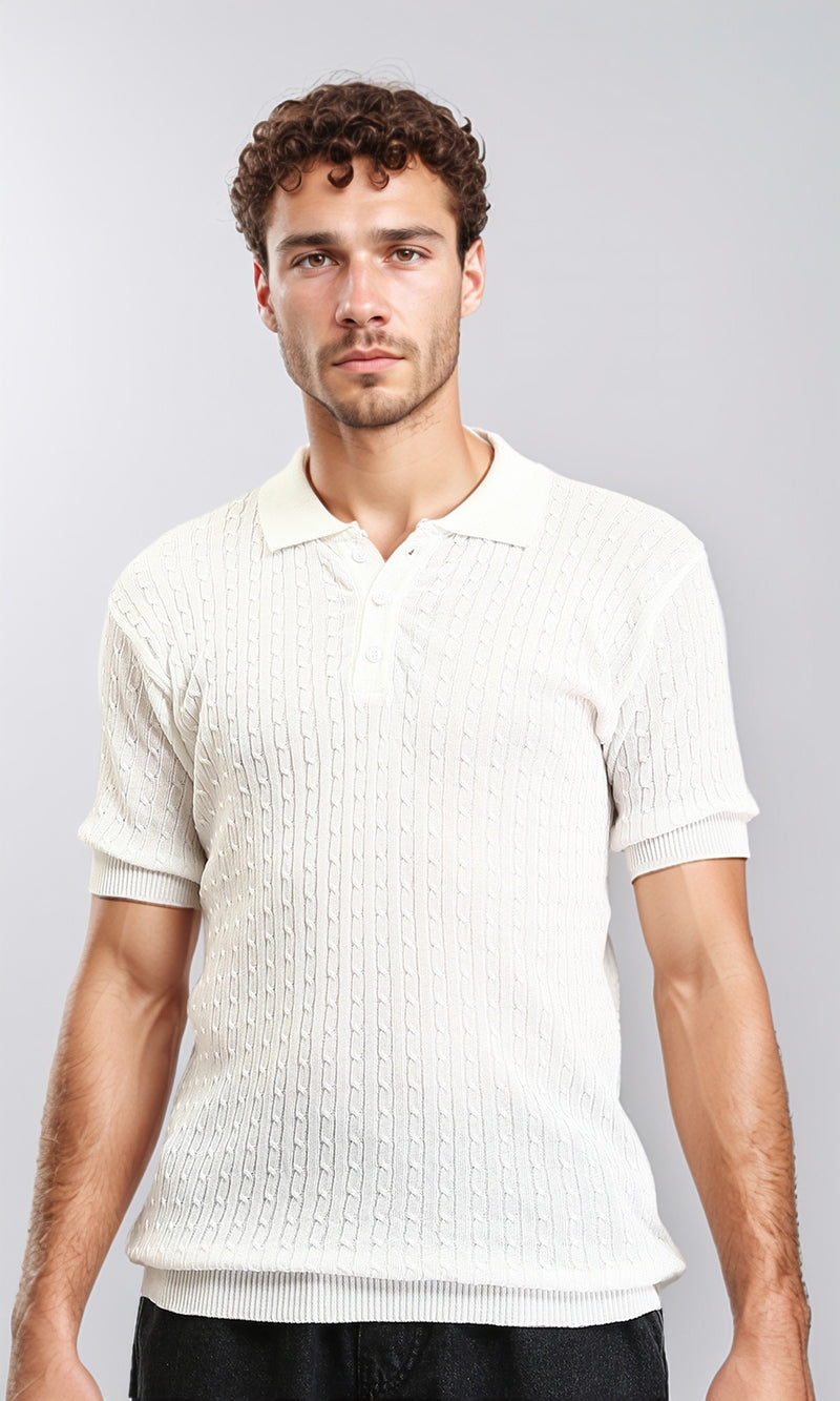 R206900 - Braided Buttoned Neck Polo Shirt - White