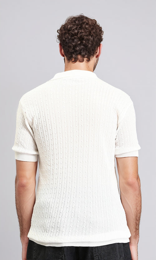 R206900 - Braided Buttoned Neck Polo Shirt - White