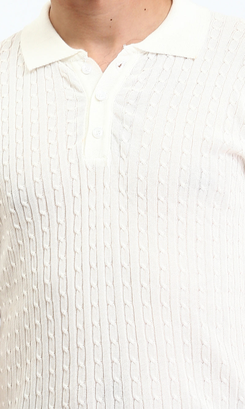 R206900 - Braided Buttoned Neck Polo Shirt - White