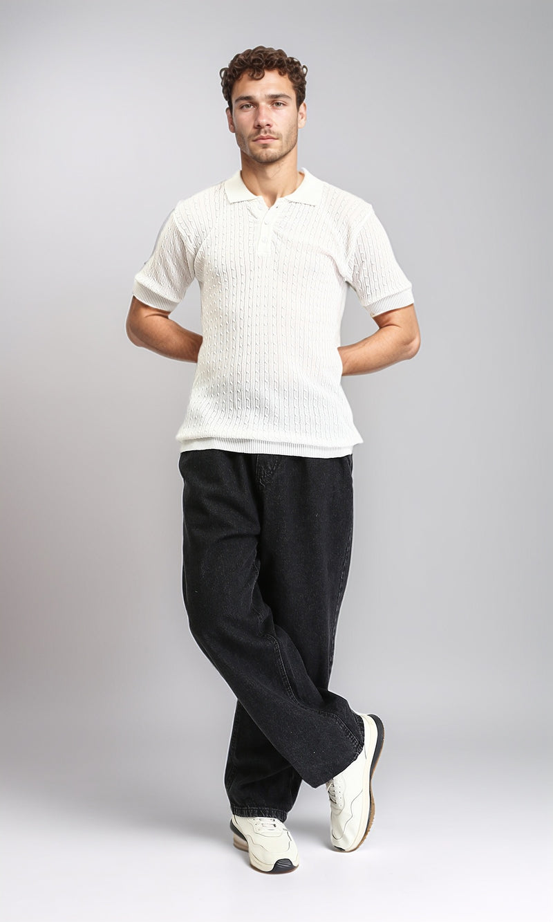 R206900 - Braided Buttoned Neck Polo Shirt - White